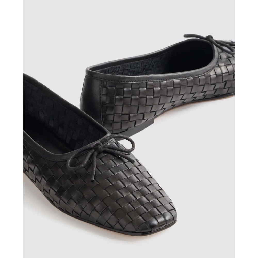 Quince Women Italian Leather Handwoven Square Toe Ballet Flat Black Shoes 8 NWB